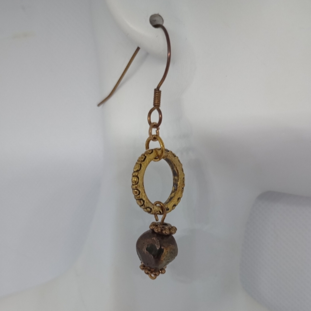 Handcrafted Bronze Pearl Dangle Earrings Textured Gold Boho Western Cottagecore